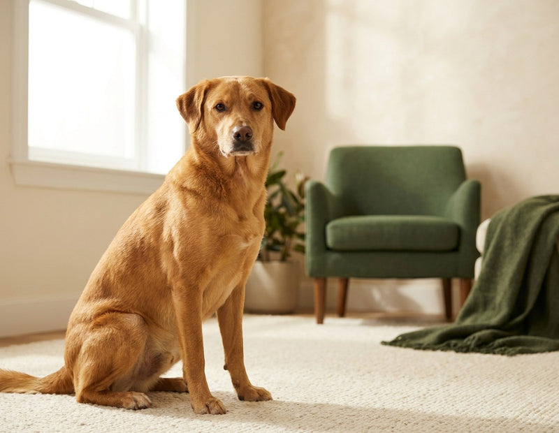 A calm dog sitting in a bright living room's health with its owner